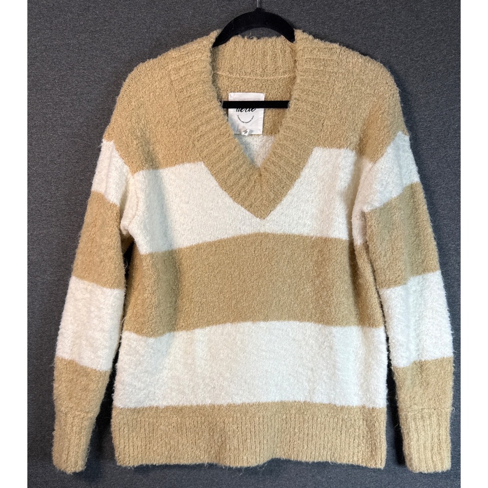 Aerie Striped V-Neck Sweater Tan Cream Eyelash Knit Pullover XXS